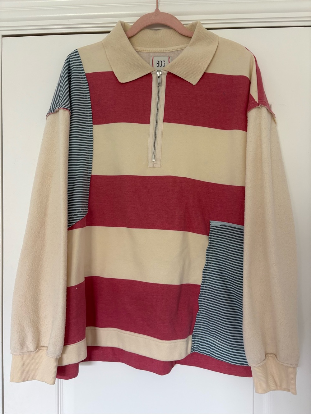 BDG Cream and Red Striped Half-Zip Polo Sweater with Blue Stripe Patch